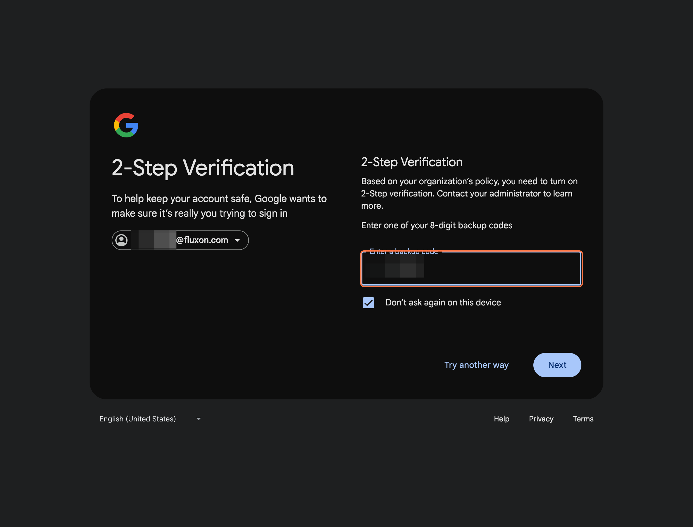 Enter one temporary backup code