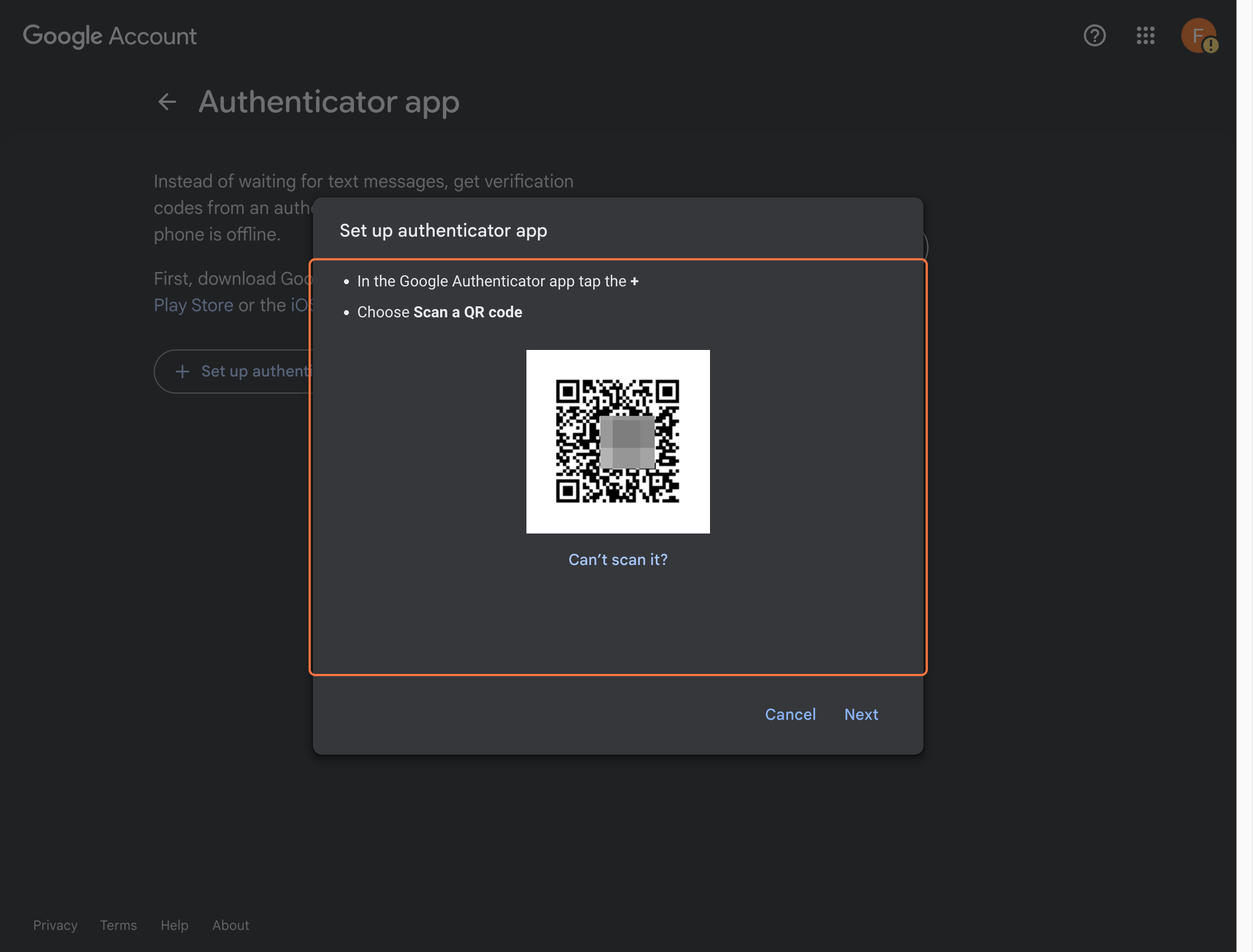 Add the account in Google Authenticator