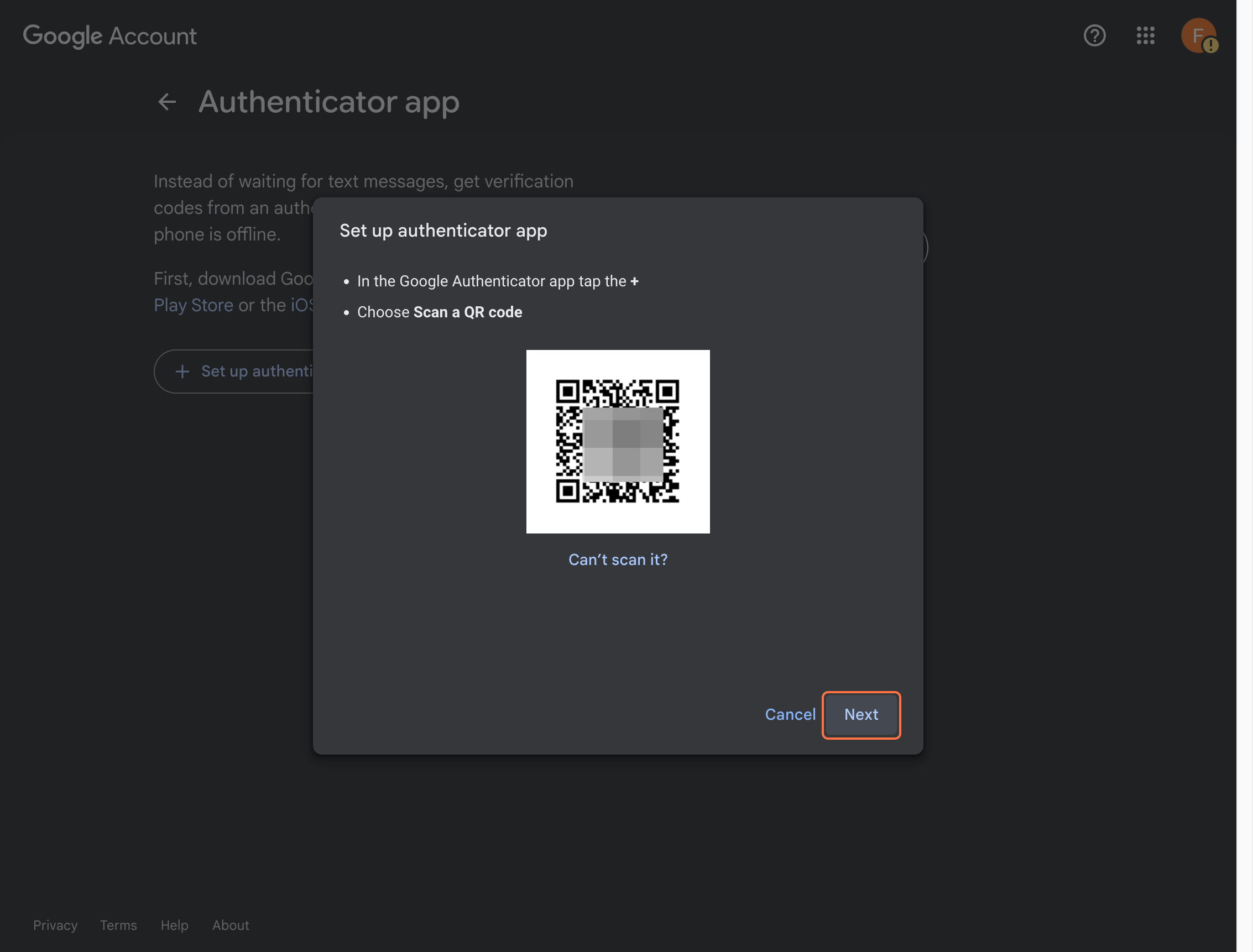 Click next after authenticator is ready