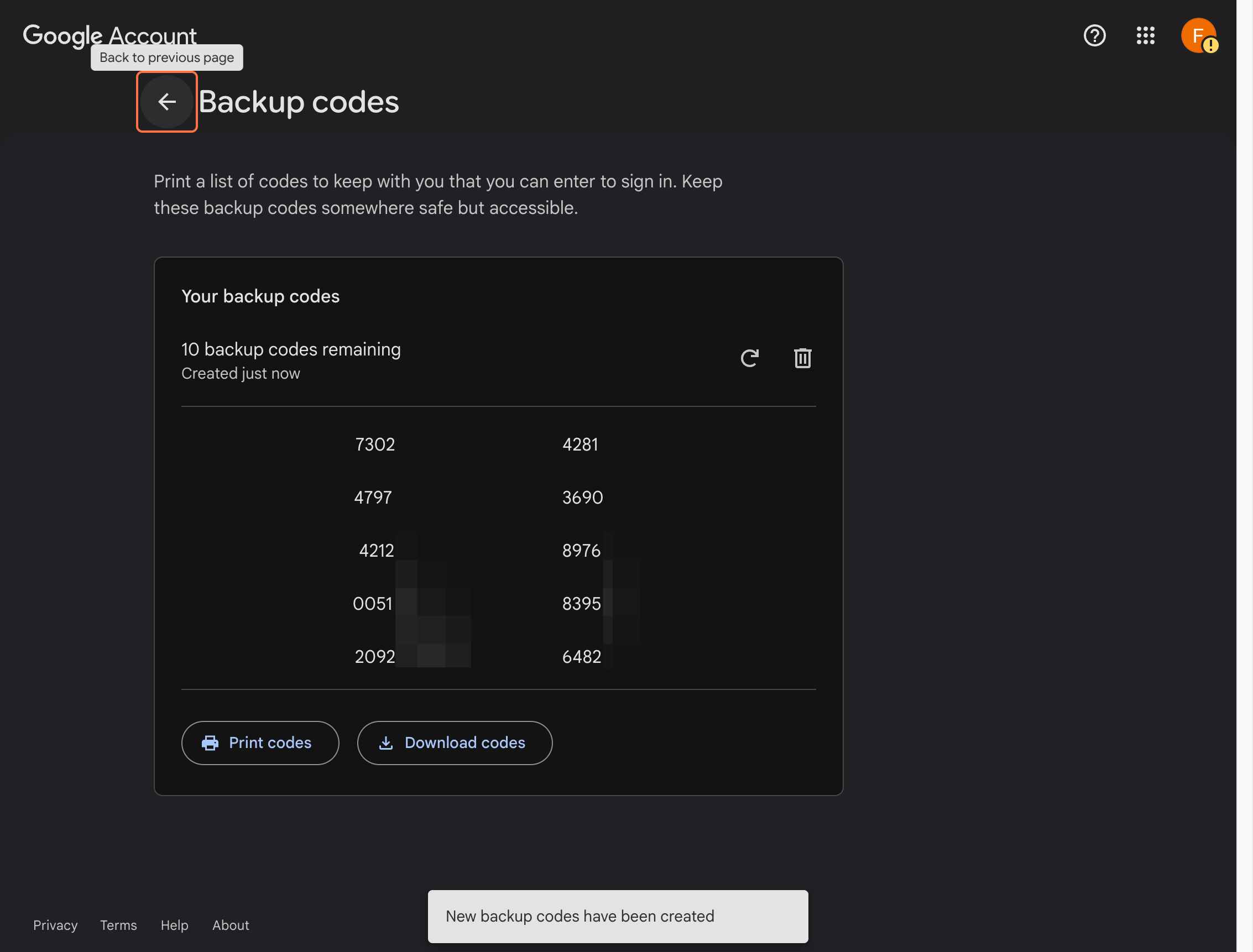 Back to previous page after backup codes